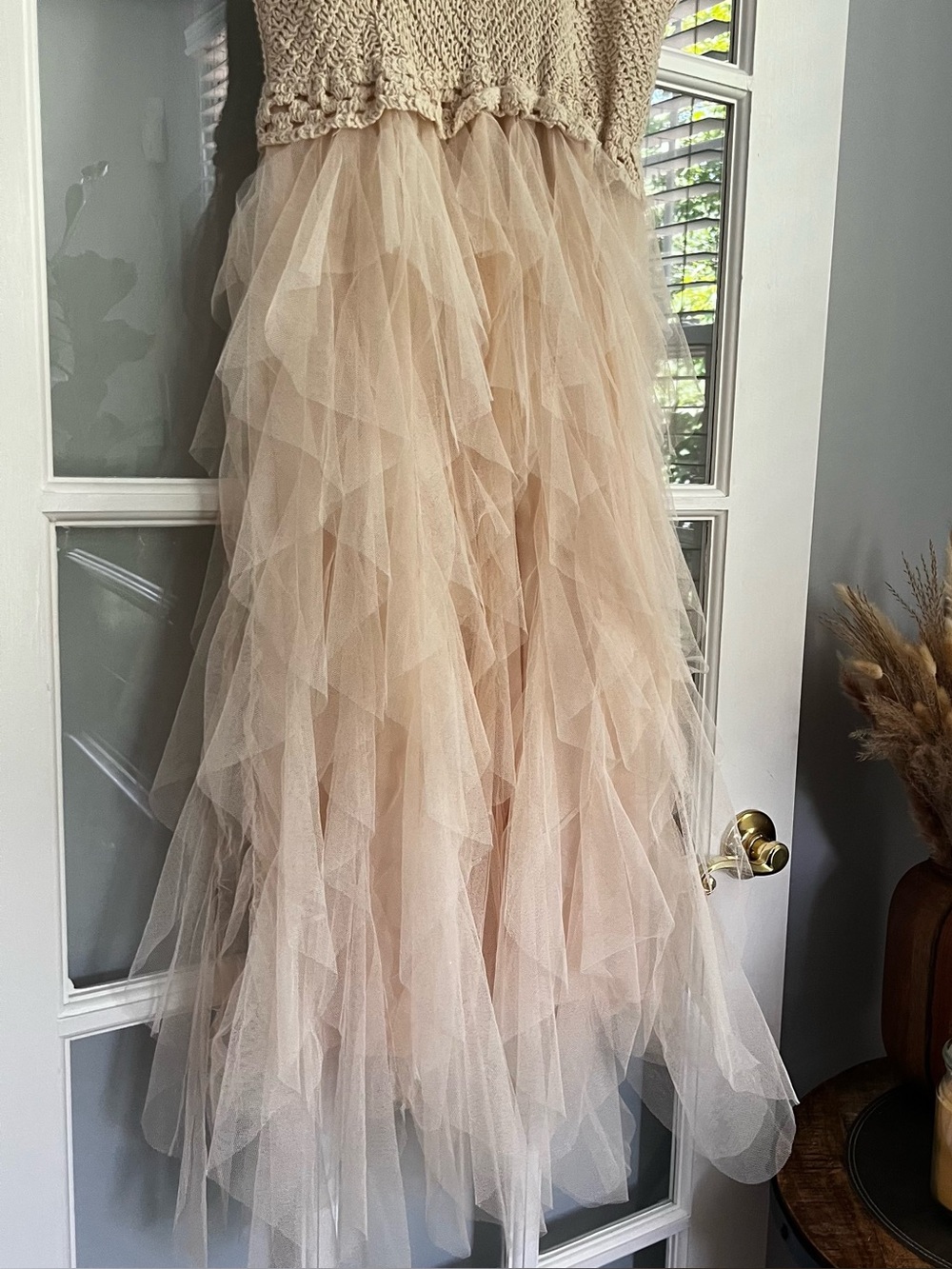 Sleeveless Crochet Bodice Tulle Midi Dress in Beige - Picture 3 of 9